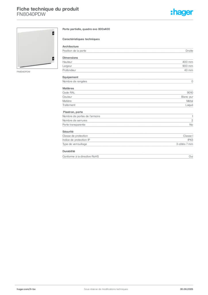 Image Hager Fiche technique du produit FN8040PDW | Hager Belgique