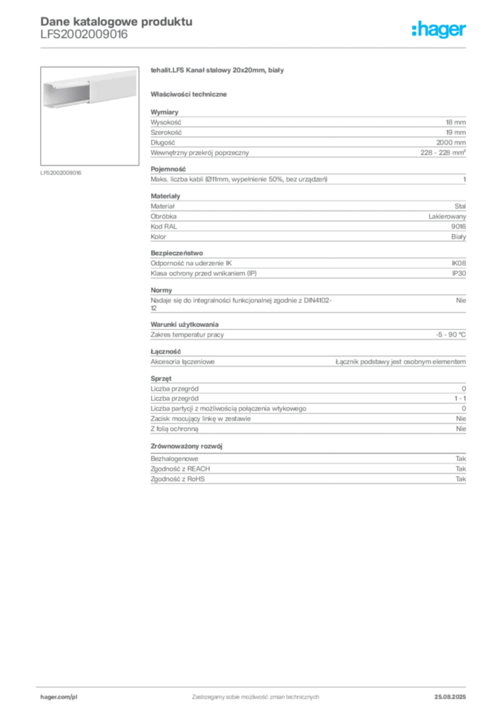 Zdjęcie Hager Karta katalogowa LFS2002009016 | Hager Polska