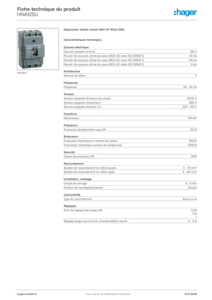 Image Hager Fiche technique du produit HNA125U | Hager Afrique