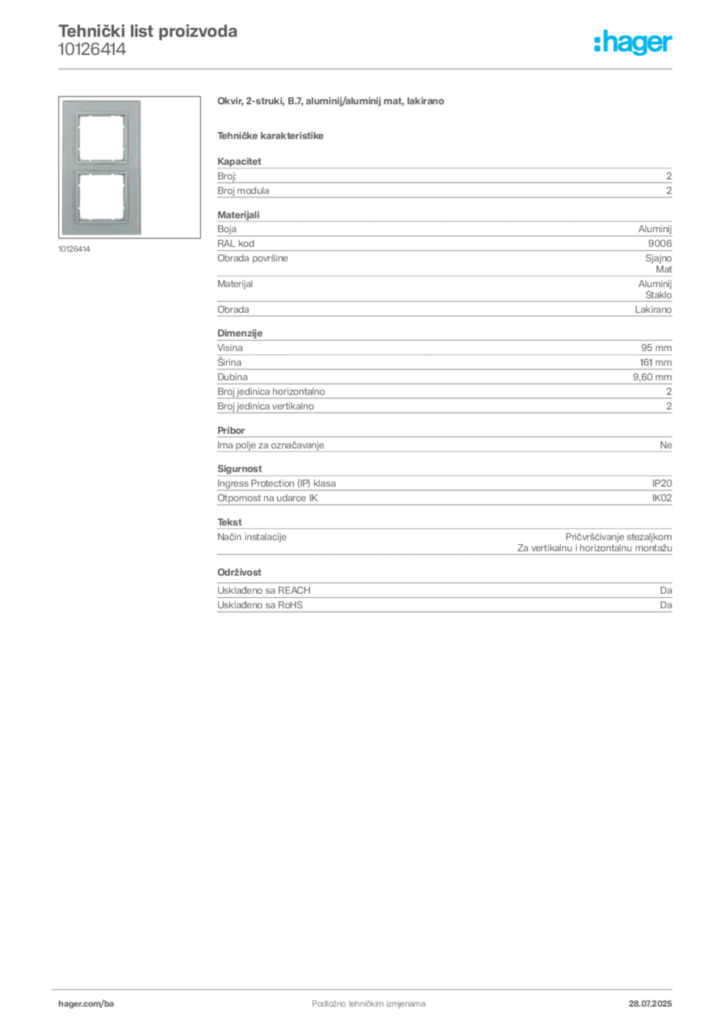 Slika Hager Product data sheet 10126414  | Hager