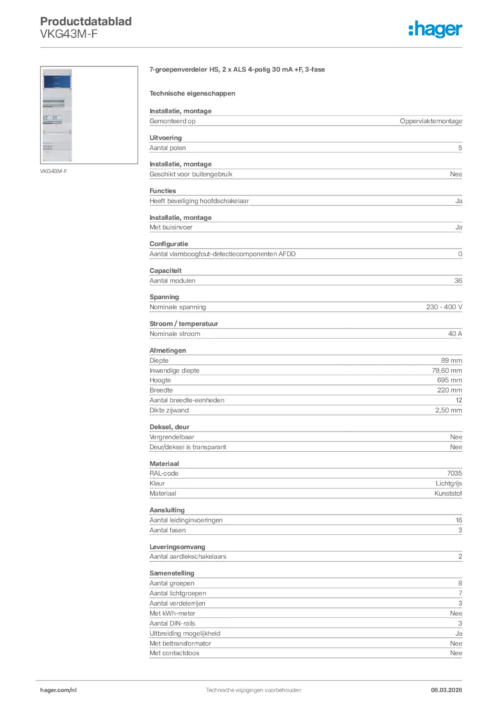 Afbeelding Hager Productdatablad VKG43M-F | Hager Nederland