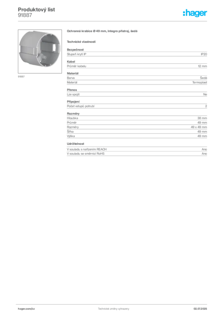 Obrázek Hager Produktový list 91887 | Hager