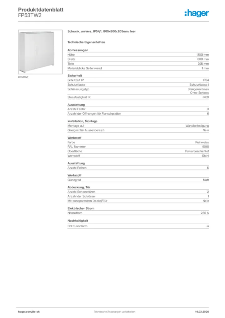 Bild Hager Produktdatenblatt FP53TW2 | Hager Schweiz