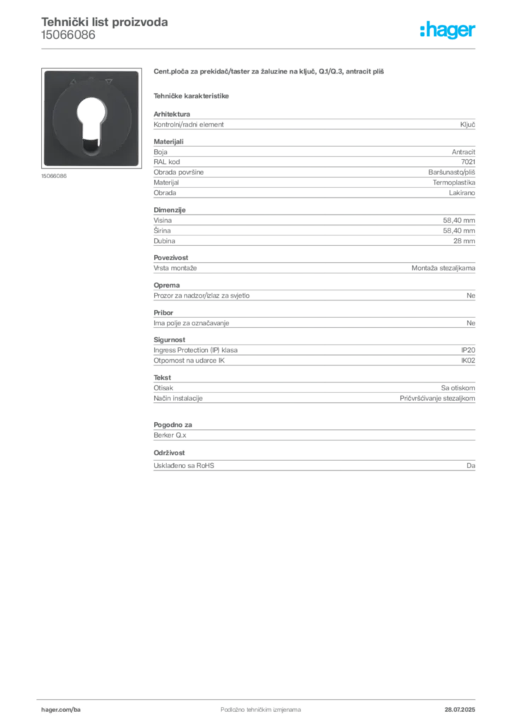 Slika Hager Product data sheet 15066086  | Hager