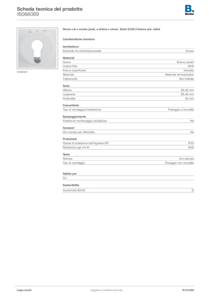 Immagine Berker Scheda tecnica del prodotto 15066089 | Hager Italia
