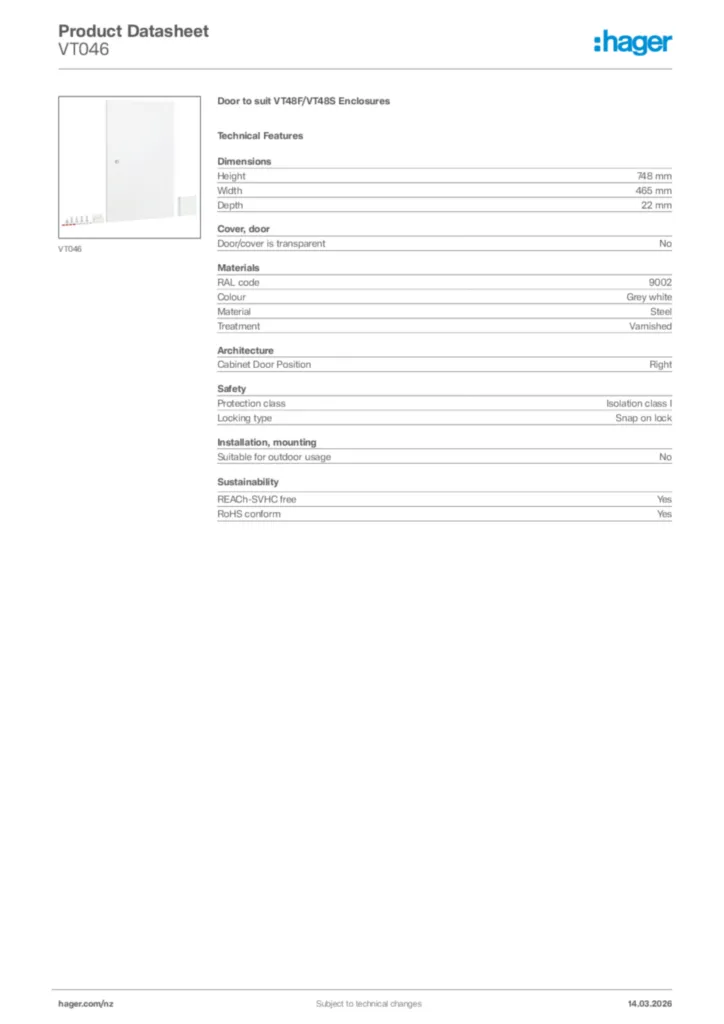 Image Hager Product data sheet VT046  | Hager New Zealand