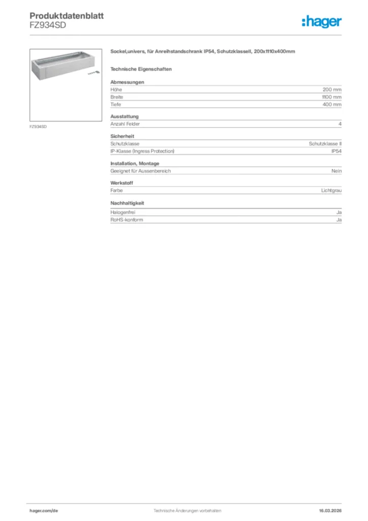 Bild Hager Produktdatenblatt FZ934SD | Hager Deutschland