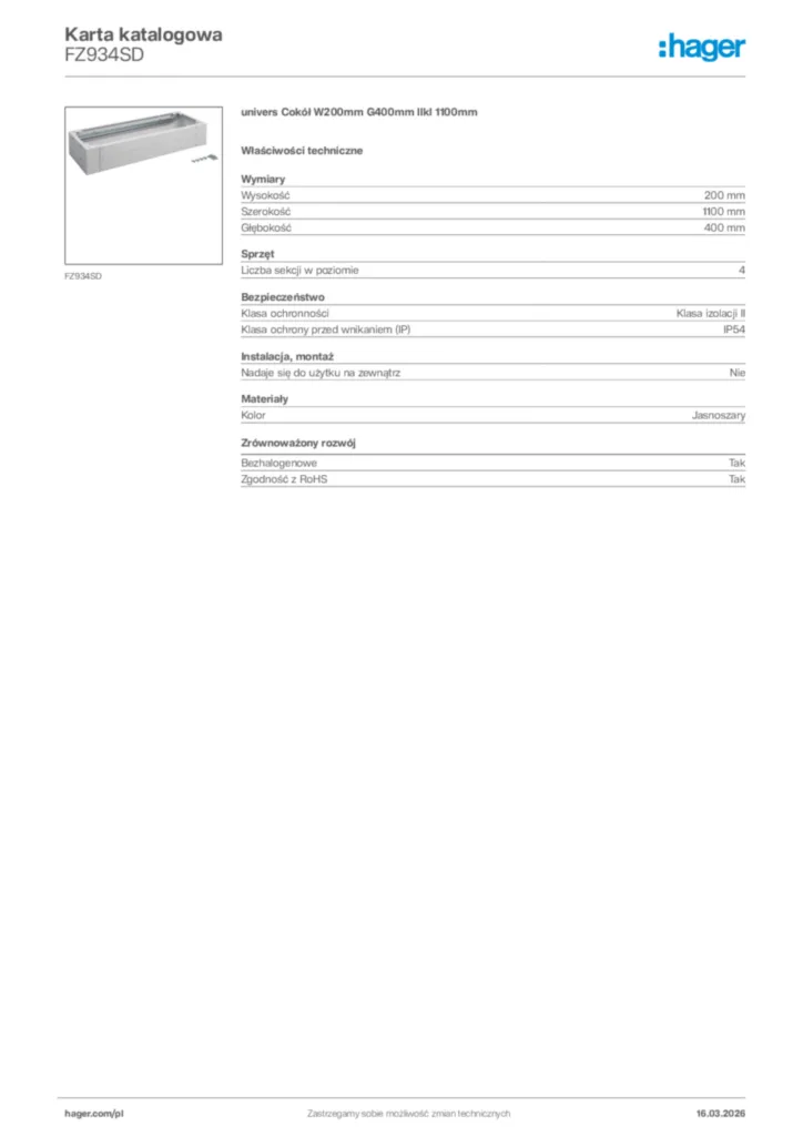 Zdjęcie Hager Karta katalogowa FZ934SD | Hager Polska