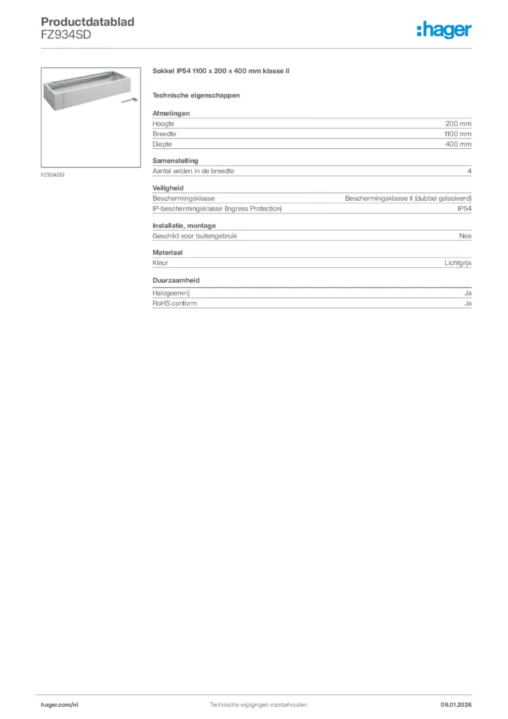 Afbeelding Hager Productdatablad FZ934SD | Hager Nederland