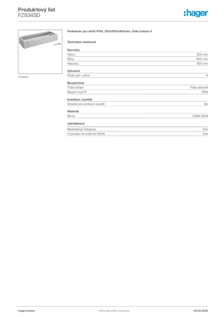 Obrázek Hager Product data sheet FZ934SD | Hager