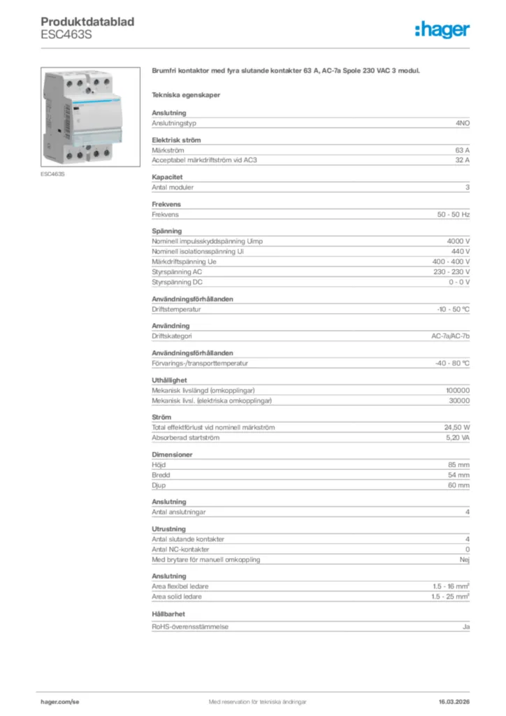 Bild Hager Produktdatablad ESC463S | Hager Sverige