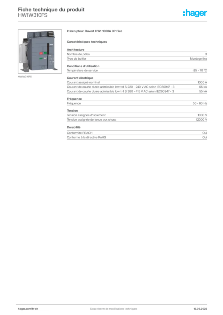 Image Hager Fiche technique du produit HW1W310FS | Hager Suisse
