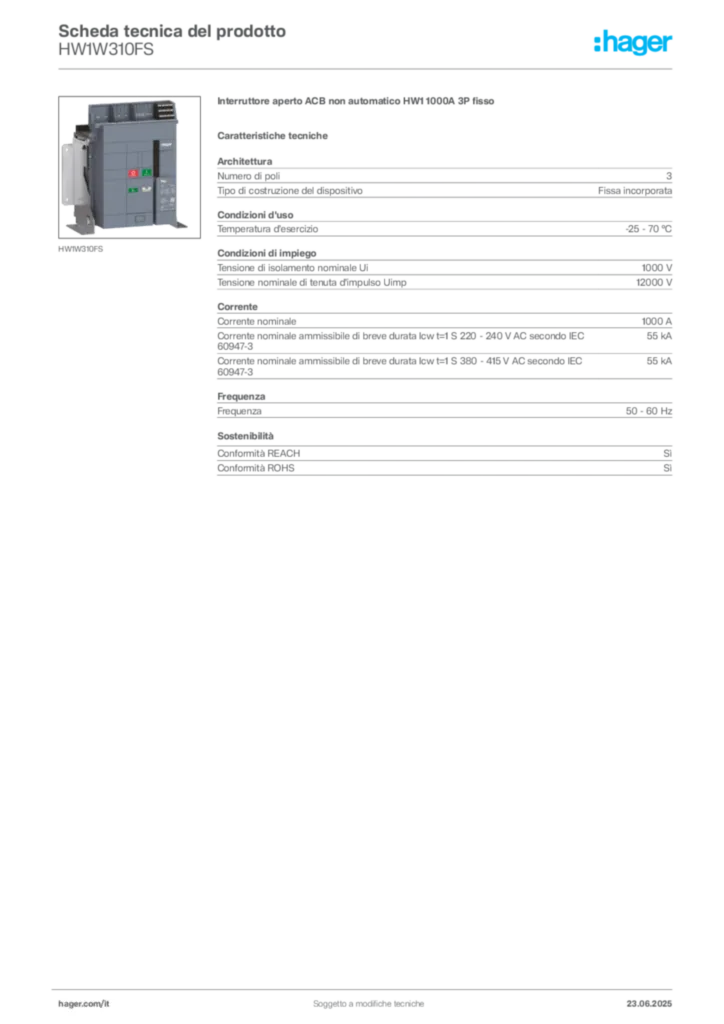 Immagine Hager Scheda tecnica del prodotto HW1W310FS | Hager Italia