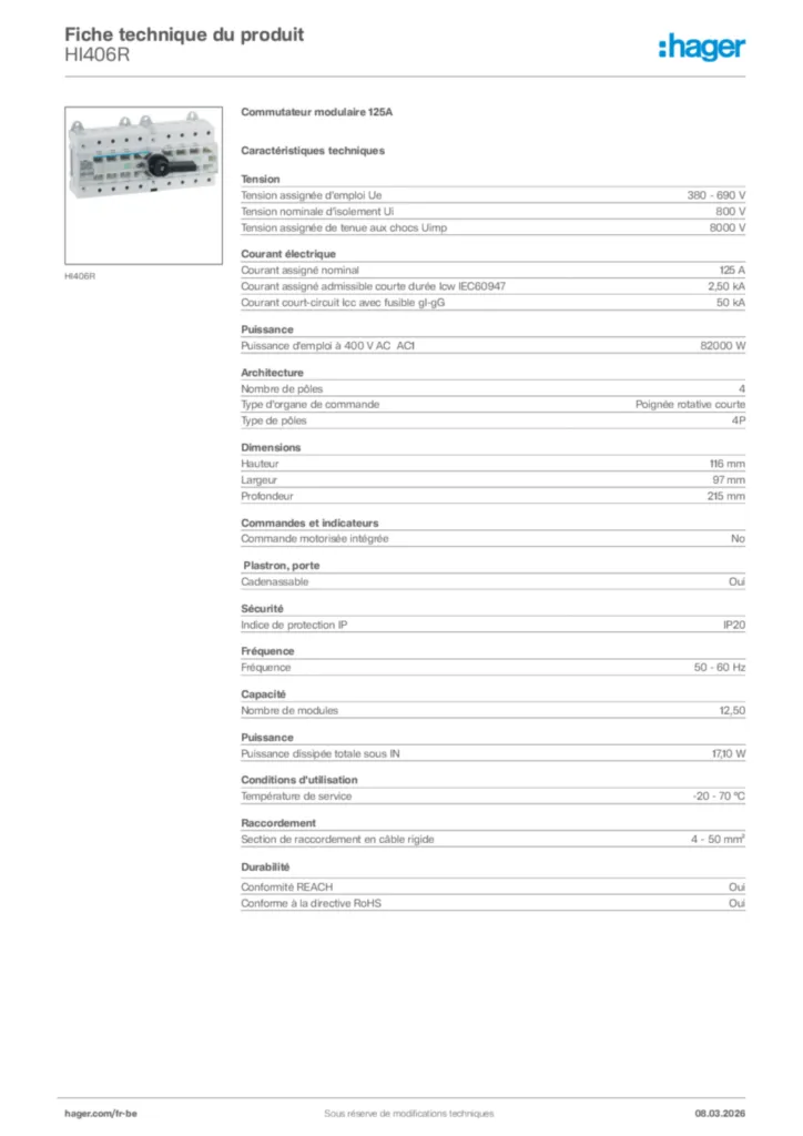 Image Hager Fiche technique du produit HI406R | Hager Belgique