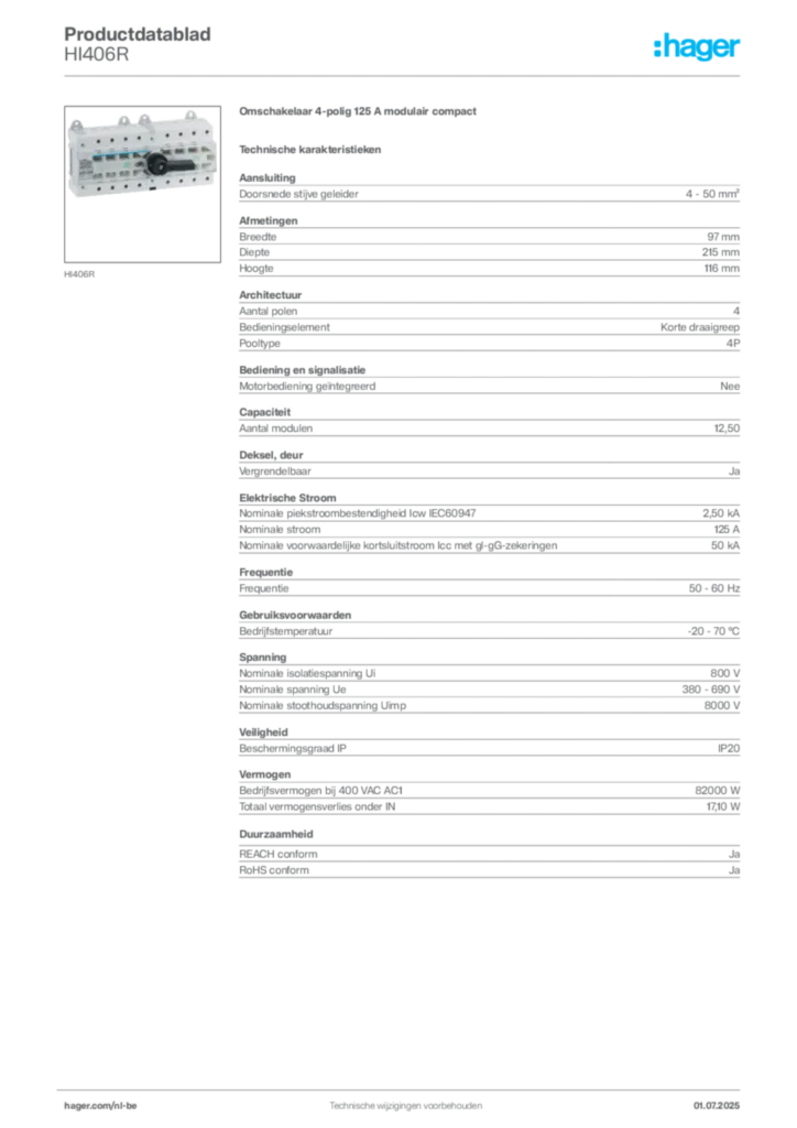 Afbeelding Hager Productdatablad HI406R | Hager Belgium