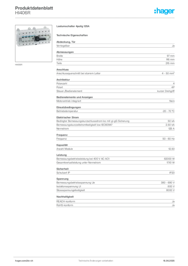 Bild Hager Produktdatenblatt HI406R | Hager Schweiz