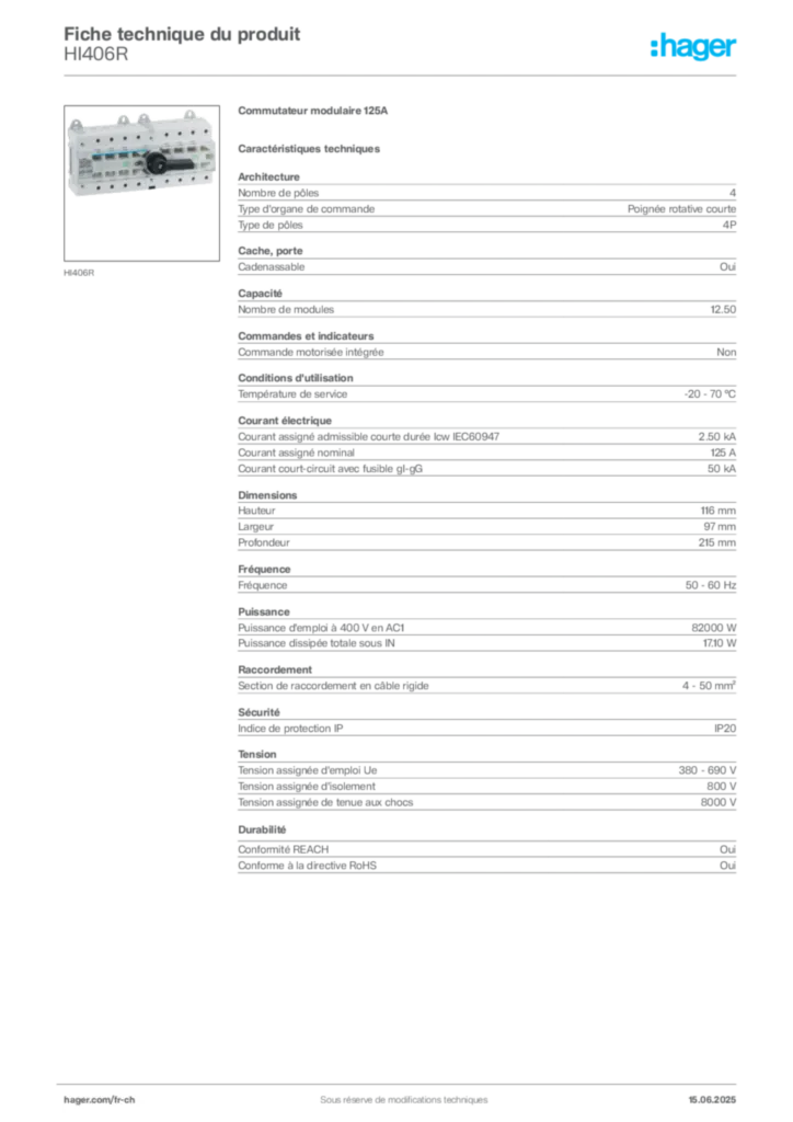 Image Hager Fiche technique du produit HI406R | Hager Suisse