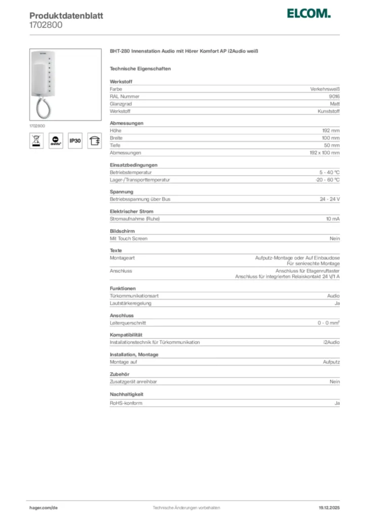 Bild Elcom Produktdatenblatt 1702800 | Hager Deutschland
