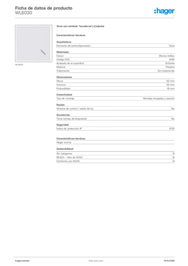 Imagen Hager Ficha de datos de producto WL6030 | Hager España