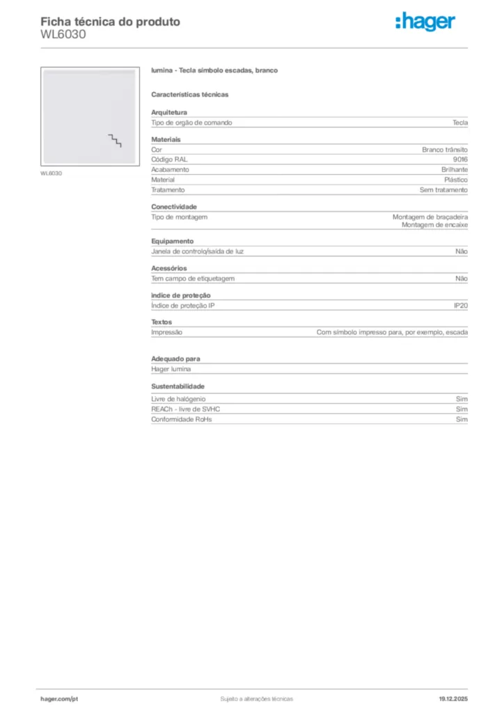 Imagem Hager Ficha técnica do produto WL6030 | Hager Portugal