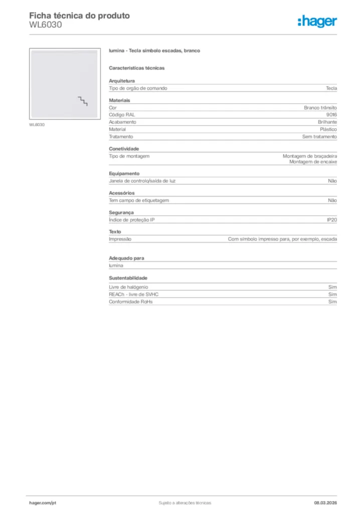 Imagem Hager Ficha técnica do produto WL6030 | Hager Portugal