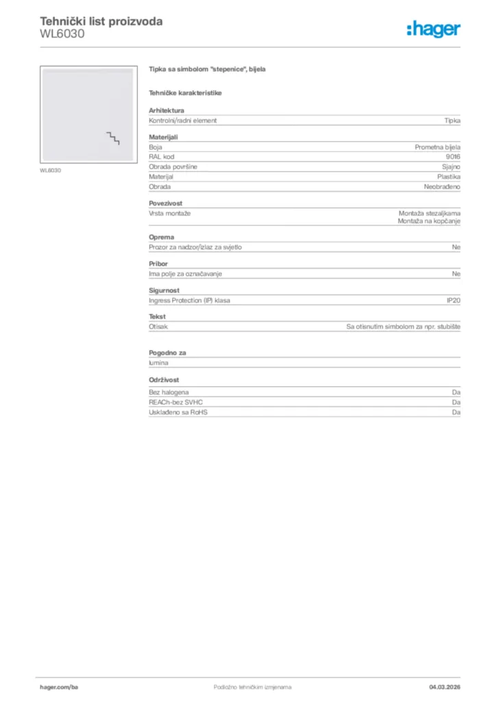 Slika Hager Tehnički list proizvoda WL6030  | Hager
