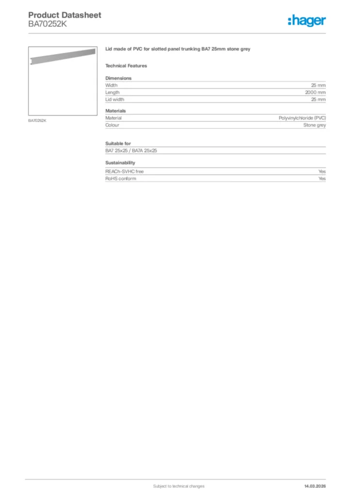 Image Hager Product data sheet BA70252K  | Hager Africa
