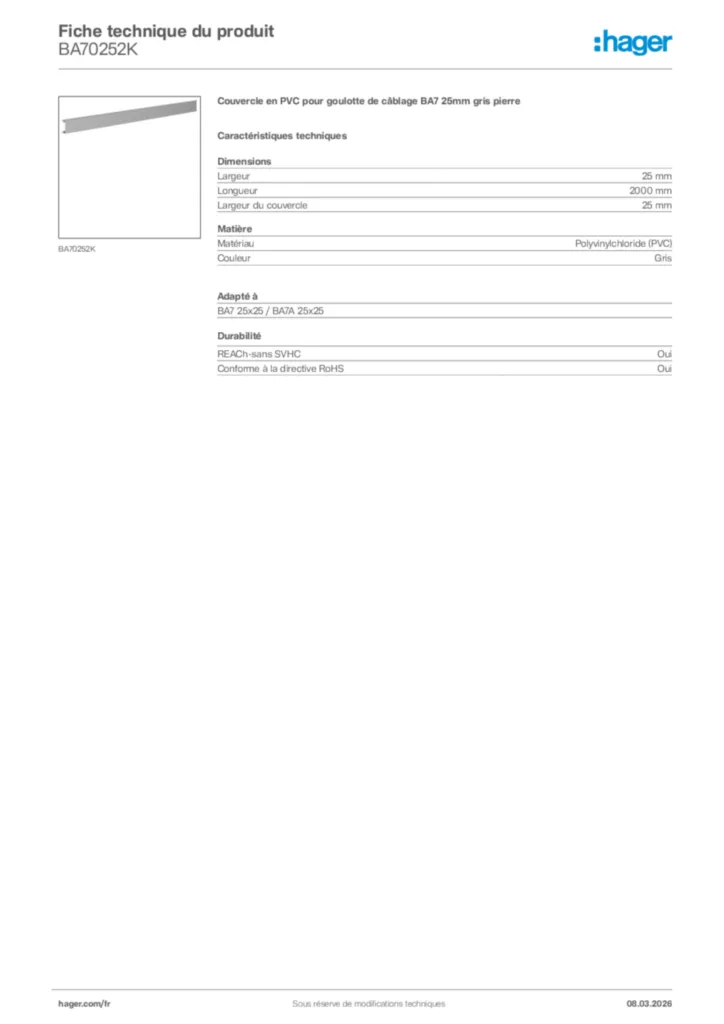 Image Hager Fiche technique du produit BA70252K | Hager France