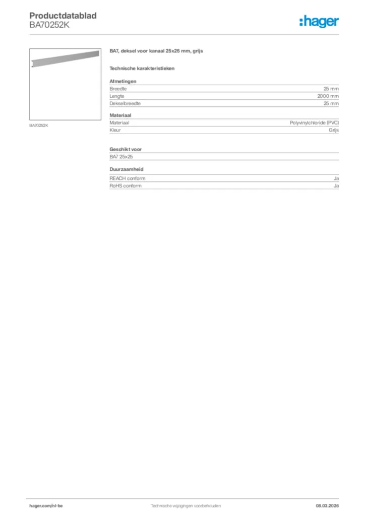 Afbeelding Hager Productdatablad BA70252K | Hager Belgium