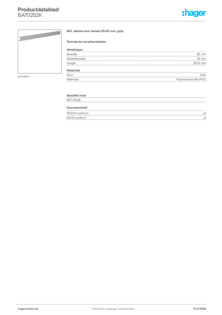 Afbeelding Hager Productdatablad BA70252K | Hager Belgium