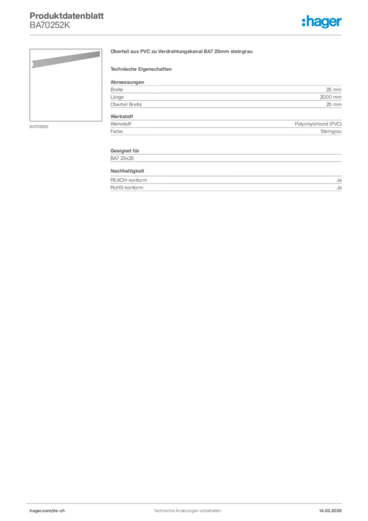 Bild Hager Produktdatenblatt BA70252K | Hager Schweiz