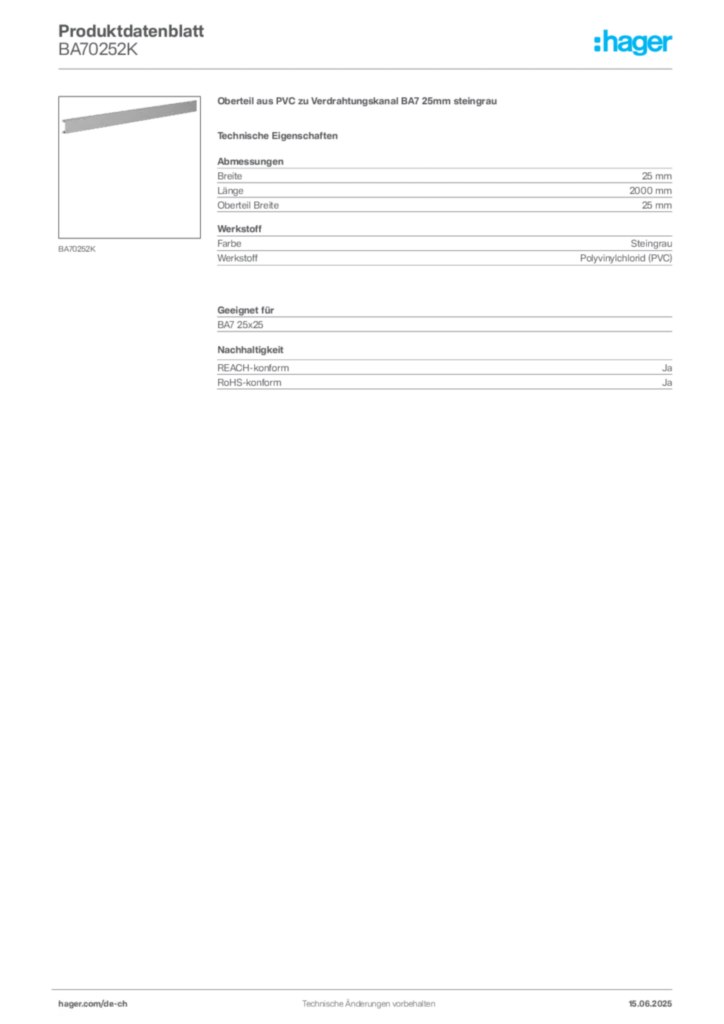 Bild Hager Produktdatenblatt BA70252K | Hager Schweiz