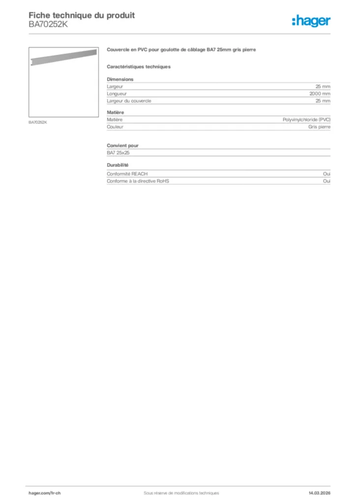 Image Hager Fiche technique du produit BA70252K | Hager Suisse
