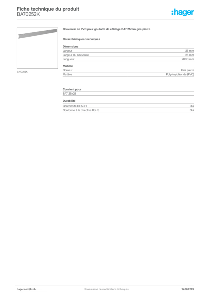 Image Hager Fiche technique du produit BA70252K | Hager Suisse