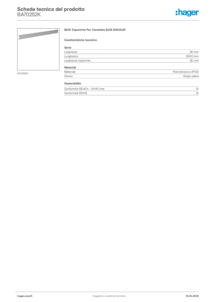 Immagine Hager Scheda tecnica del prodotto BA70252K | Hager Italia
