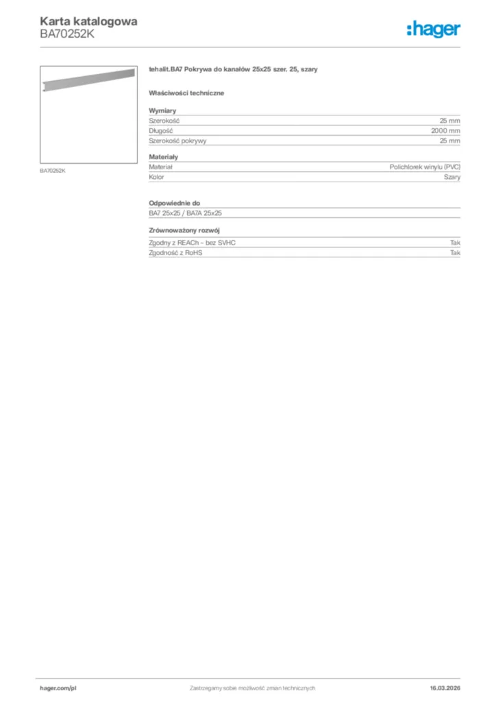 Zdjęcie Hager Karta katalogowa BA70252K | Hager Polska