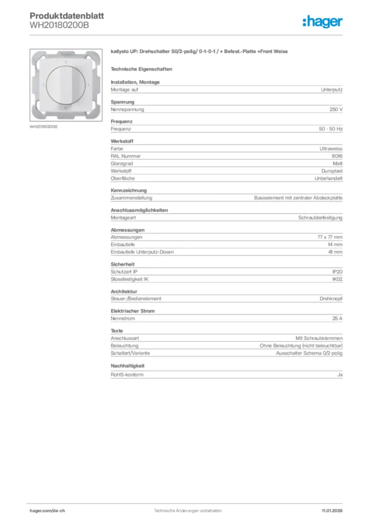 Bild Hager Produktdatenblatt WH20180200B | Hager Schweiz