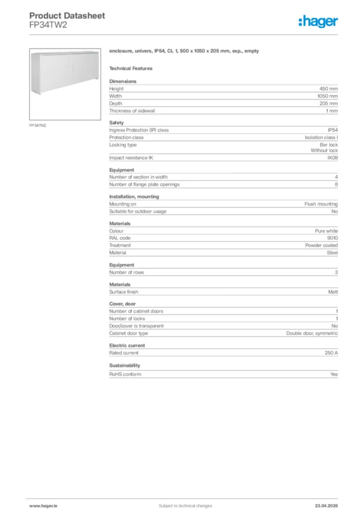 Image Hager Product data sheet FP34TW2  | Hager