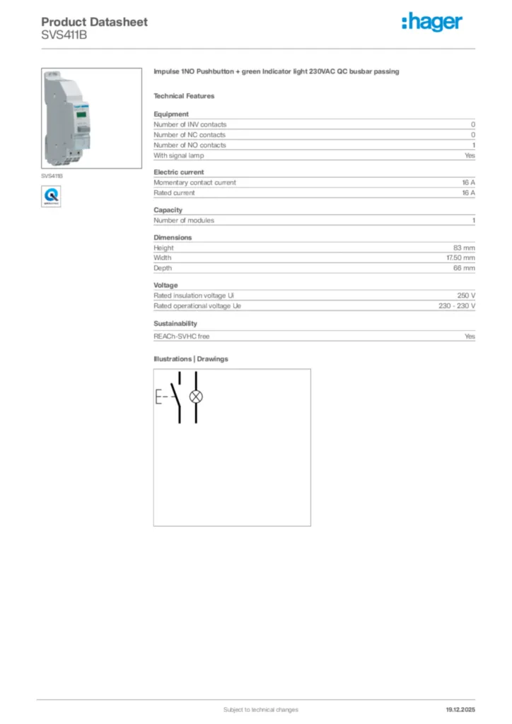 Image Hager Product data sheet SVS411B  | Hager Africa