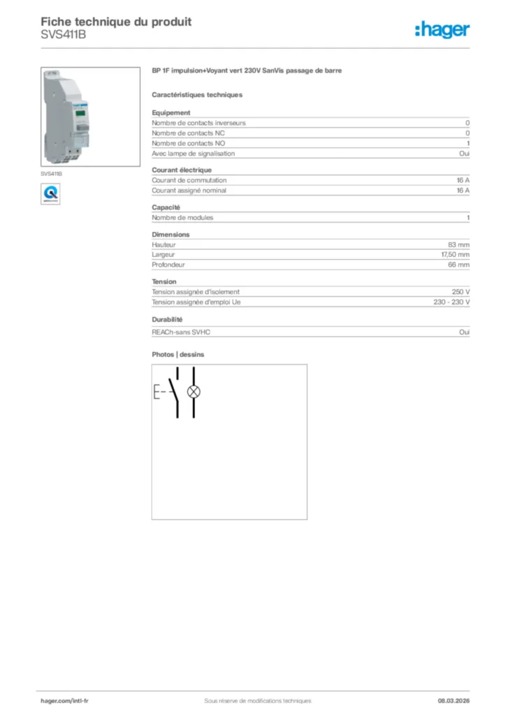 Image Hager Fiche technique du produit SVS411B | Hager Afrique