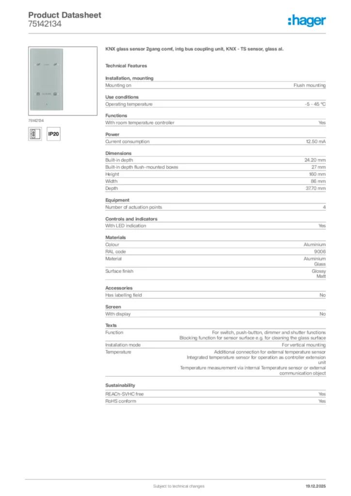 Image Hager Product data sheet 75142134  | Hager Africa