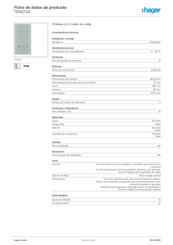 Imagen Hager Ficha de datos de producto 75142134 | Hager España