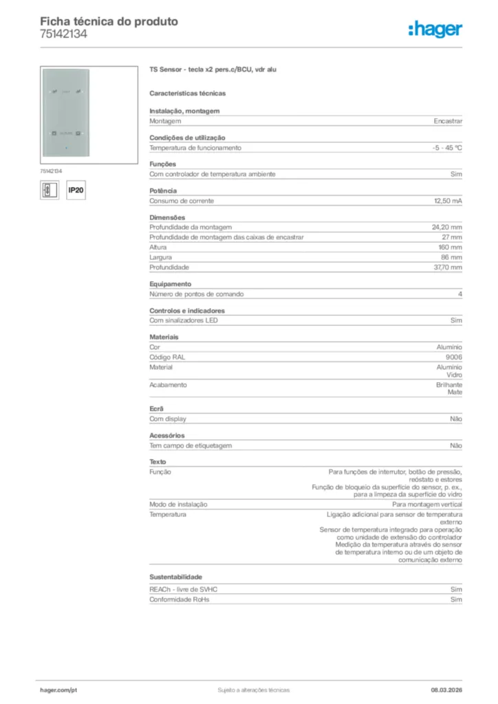 Imagem Hager Ficha técnica do produto 75142134 | Hager Portugal