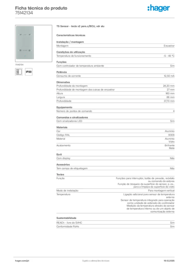 Imagem Hager Ficha técnica do produto 75142134 | Hager Portugal