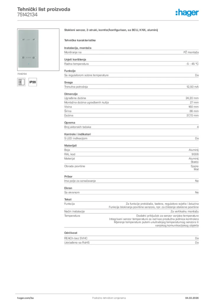 Slika Hager Tehnički list proizvoda 75142134  | Hager