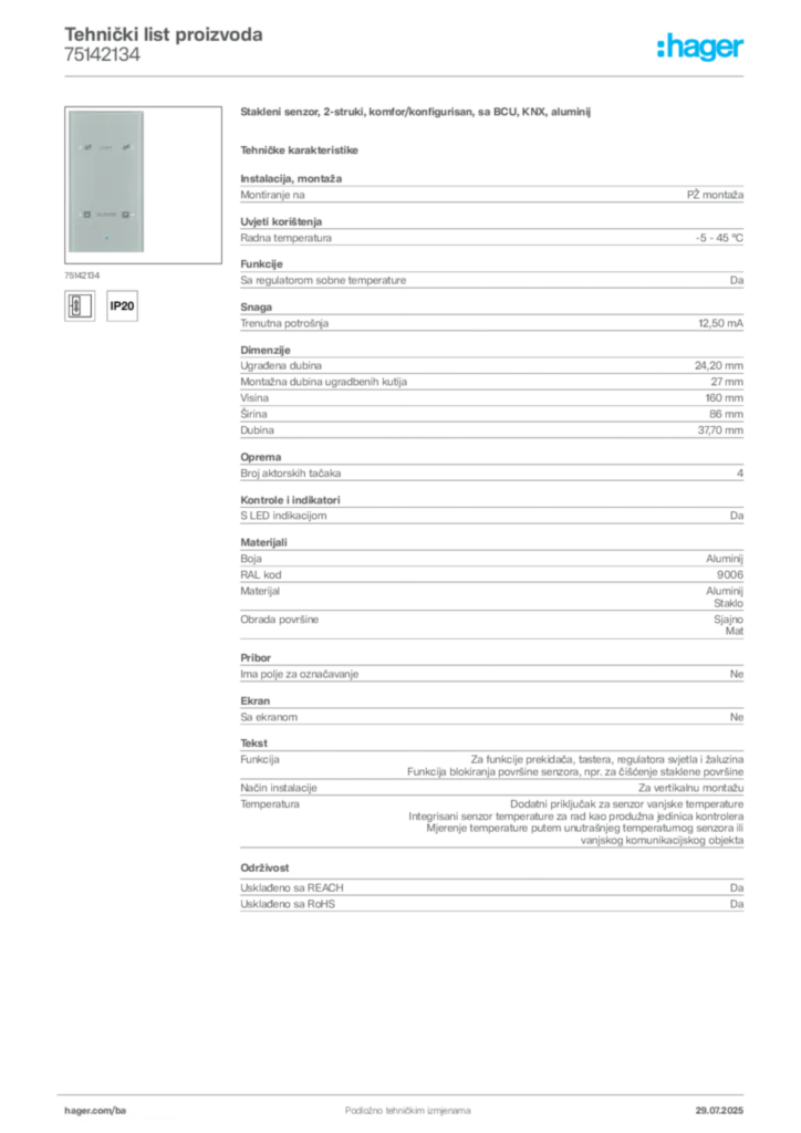 Slika Hager Product data sheet 75142134  | Hager