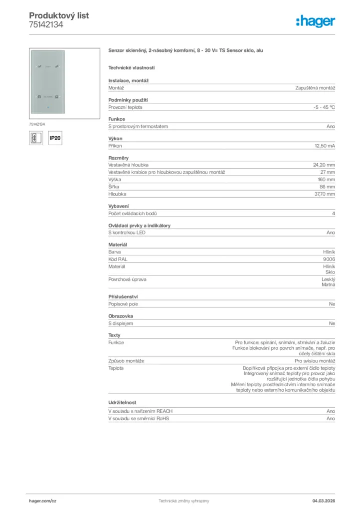 Obrázek Hager Product data sheet 75142134 | Hager