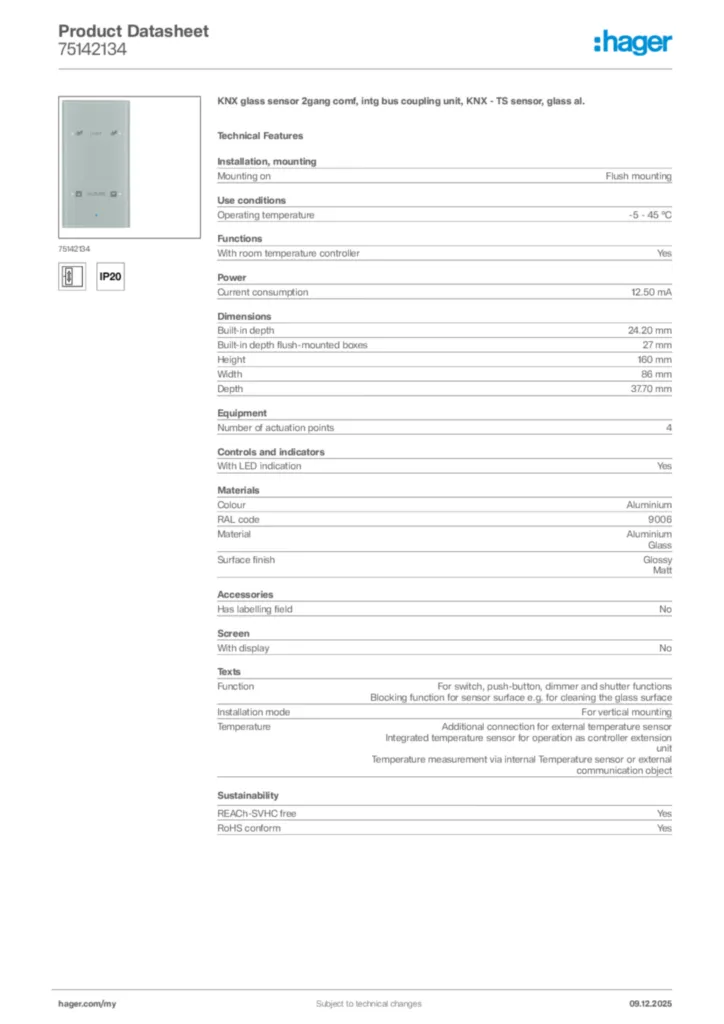 Image Hager Product data sheet 75142134  | Hager