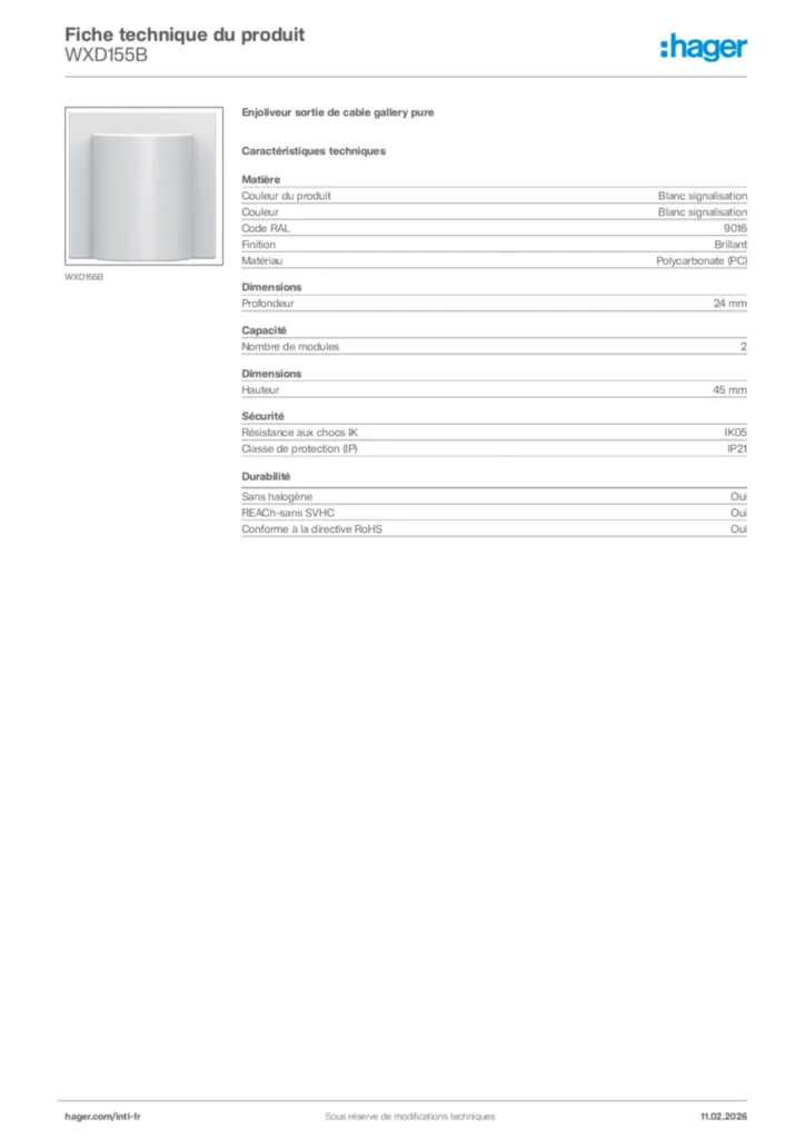 Image Hager Fiche technique du produit WXD155B | Hager Afrique