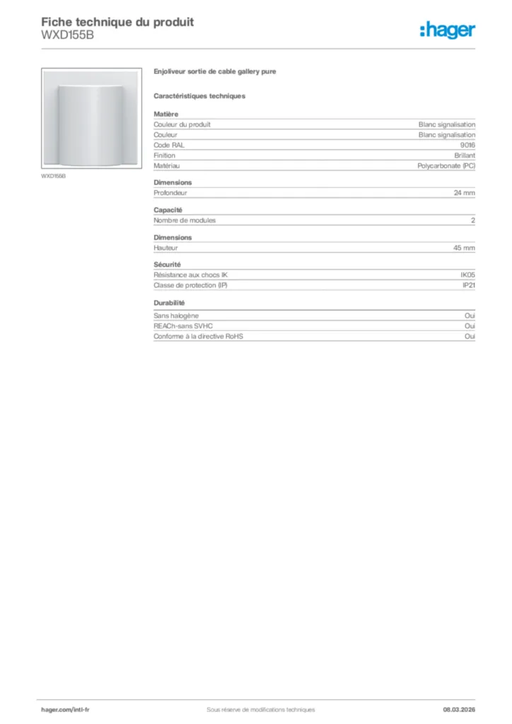 Image Hager Fiche technique du produit WXD155B | Hager Afrique